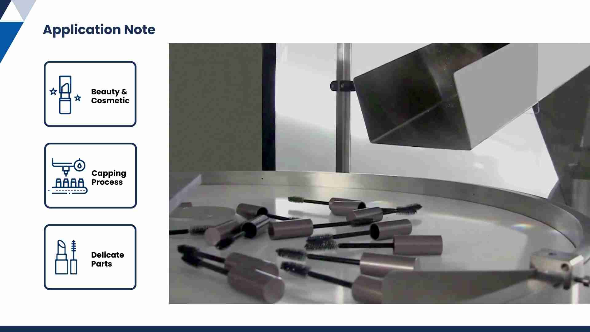 Flexibowl feeds brushes to a Scara robot for vertical insertion into a deposit on the rotary table, simplifying the loading of a capping machine.